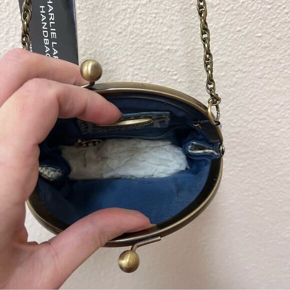 Charlie Lapson Kisslock Small Clam Shell Bag Purse Croc Embossed Leather - Picture 7 of 8